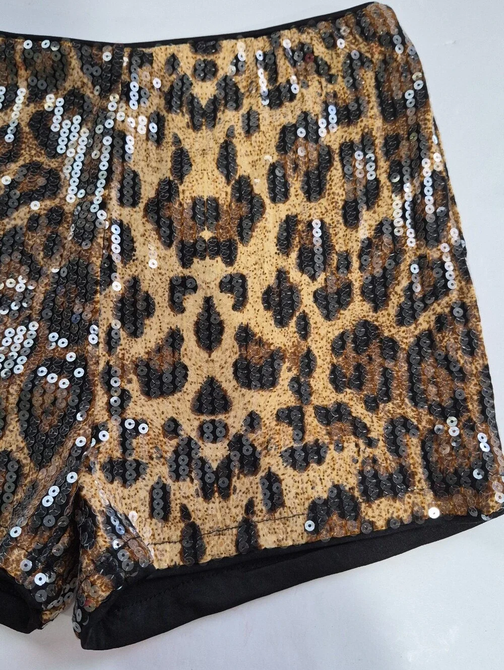 Sequin Leopard Print High-Waist Women’s Shorts - Black & Gold Size Small